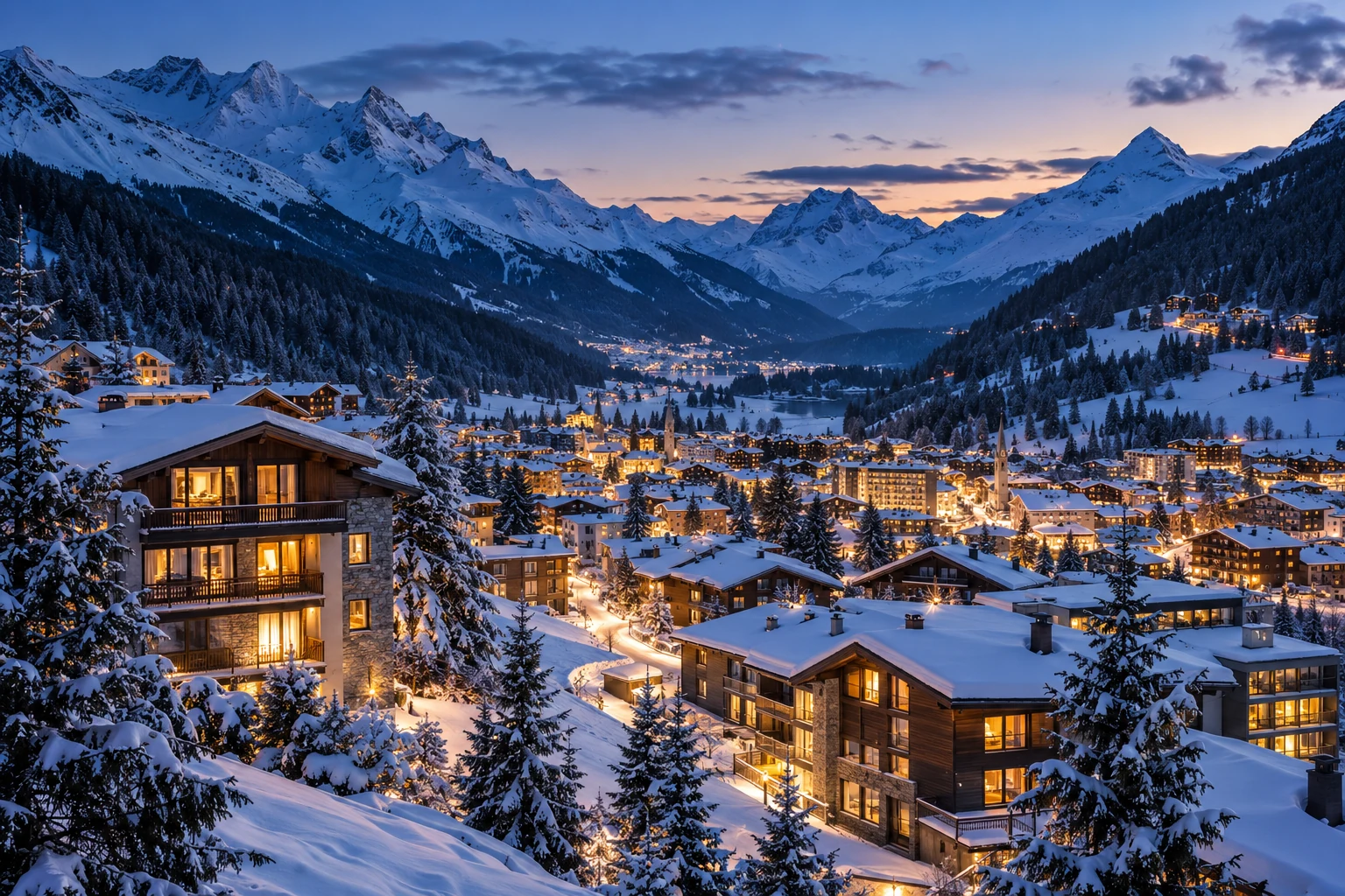 panoramic Swiss alpine resort town inspired by Davos at blue hour, winter valley and warm window lights — AI-generated illustration