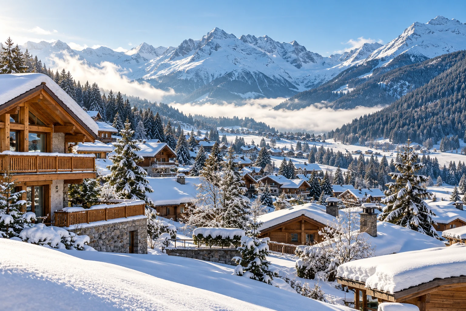 Klosters-inspired alpine village and chalets in a snowy valley, fresh clear morning — AI-generated illustration