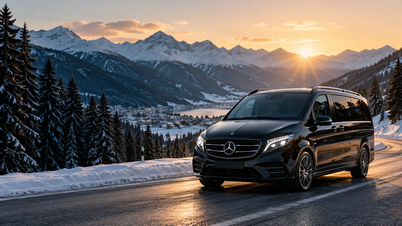 Black Mercedes V-Class in a snowy alpine valley at sunrise — AI-generated illustration