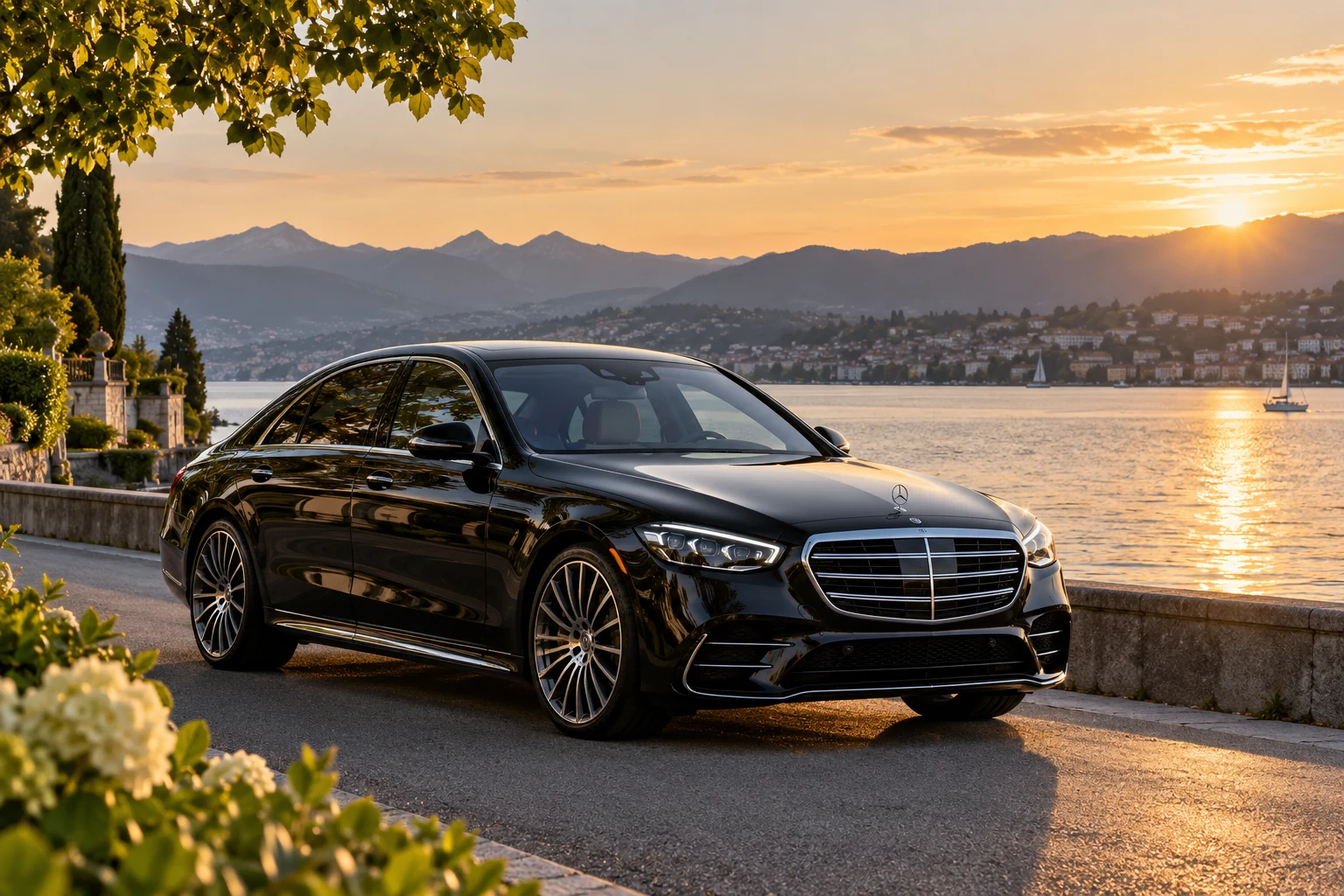 black Mercedes S-Class on a paved lakeside road beside Lake Zurich, soft golden light — AI-generated illustration
