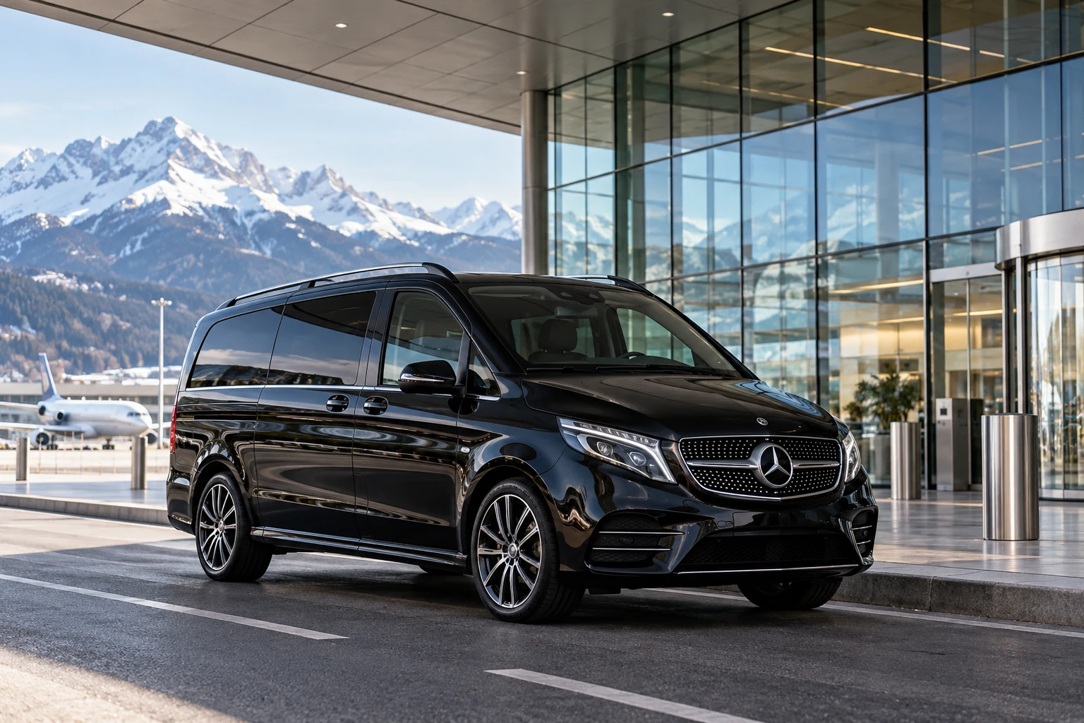 black Mercedes V-Class outside a modern Swiss airport glass terminal, clear daylight — AI-generated illustration