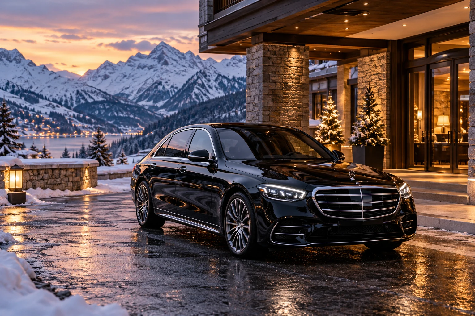 black Mercedes S-Class outside a refined snowy Swiss alpine business hotel at dusk, no event branding — AI-generated illustration