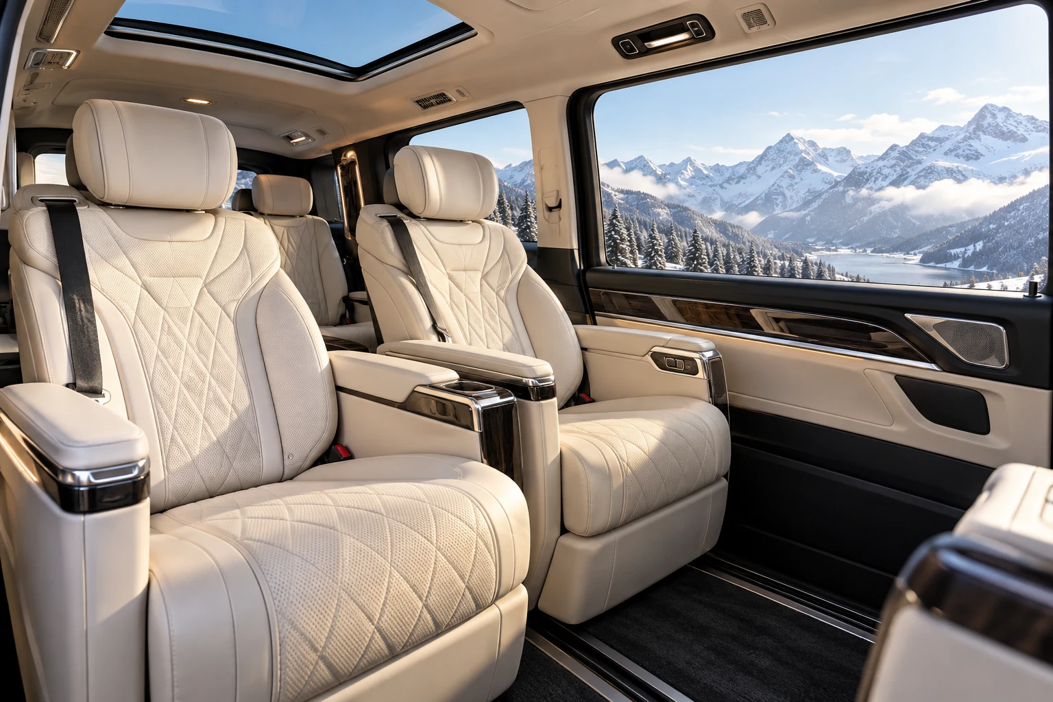 luxury Mercedes business van passenger cabin with ivory leather individual seats, clean uncluttered interior, snowy mountains seen outside — AI-generated illustration